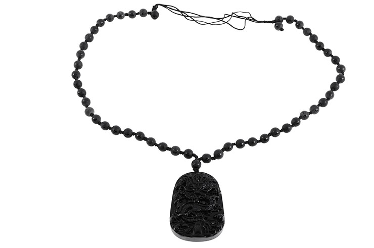 Collier Obsidienne, Gravure Dragon - Perles 8 mm