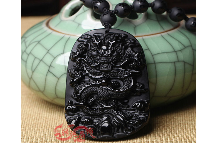 Collier Obsidienne, Gravure Dragon - Perles 8 mm