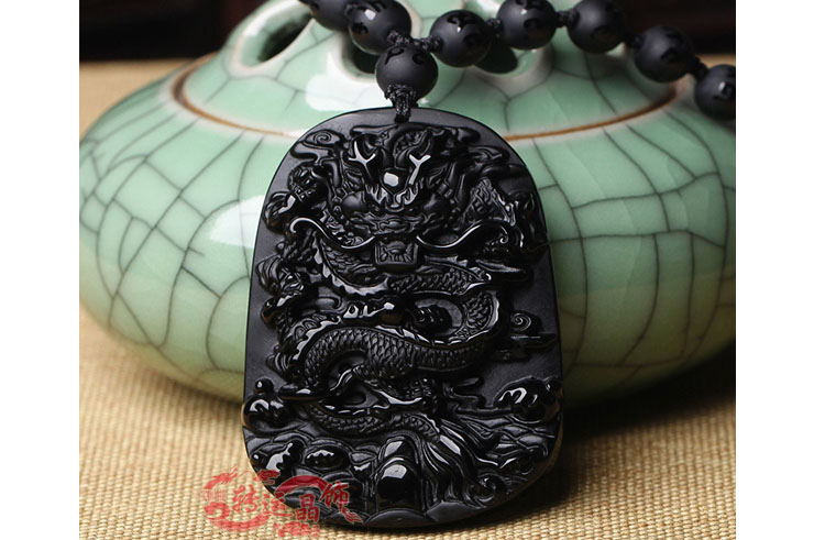 Obsidian Necklace, Dragon Engraving - 8 mm Pearls