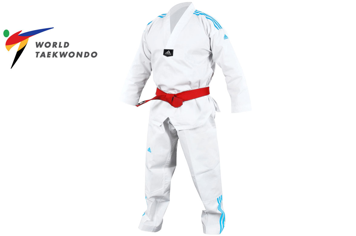 Dobok Taekwondo WTF, rayas azules - ADITCB02, Adidas 