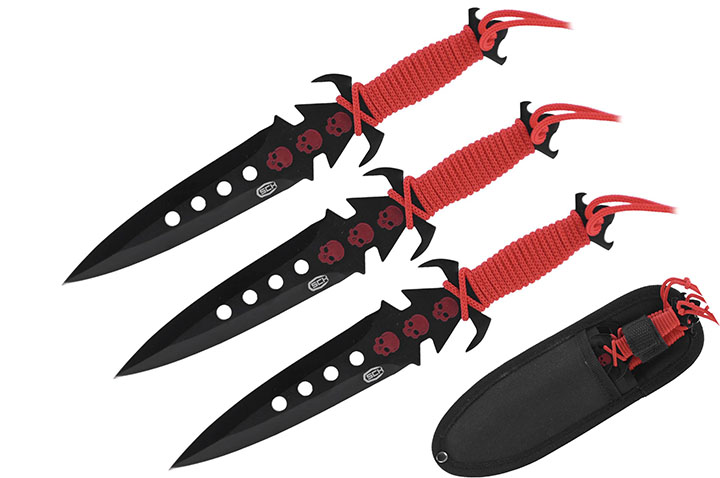 Dagues de lancer à Griffes Acier Noir, Tressage Rouge - Lot de 3 (19 cm)