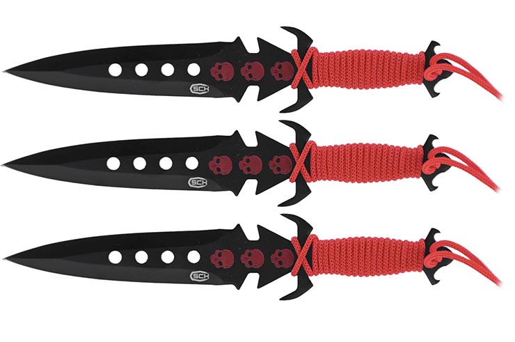 Cuchillo de lanzamiento Acero Negro con Trenzado Rojo - Juego de 3 (19 cm)
