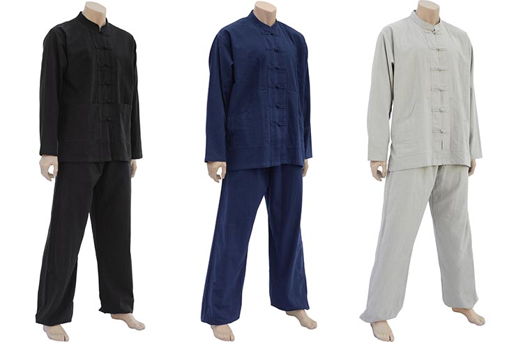 Tenue Tai Chi, Taiji, Col mao & fermeture Brandebourg, 100% Coton, Couleur Unie