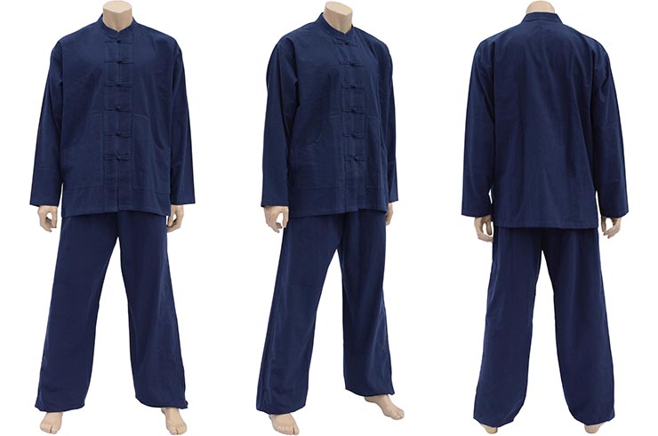 Tenue Tai Chi, Taiji, Col mao & fermeture Brandebourg, 100% Coton, Couleur Unie