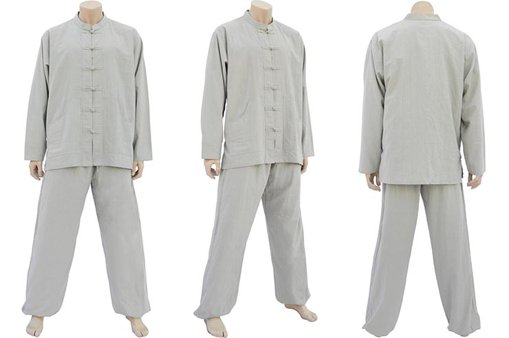 Tenue Tai Chi, Taiji, Col mao & fermeture Brandebourg, 100% Coton, Couleur Unie