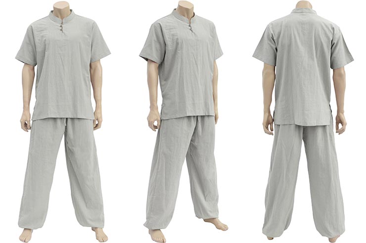 Tenue Chang Quan Col mao à boutons, 100% Coton, Gris-Kaki