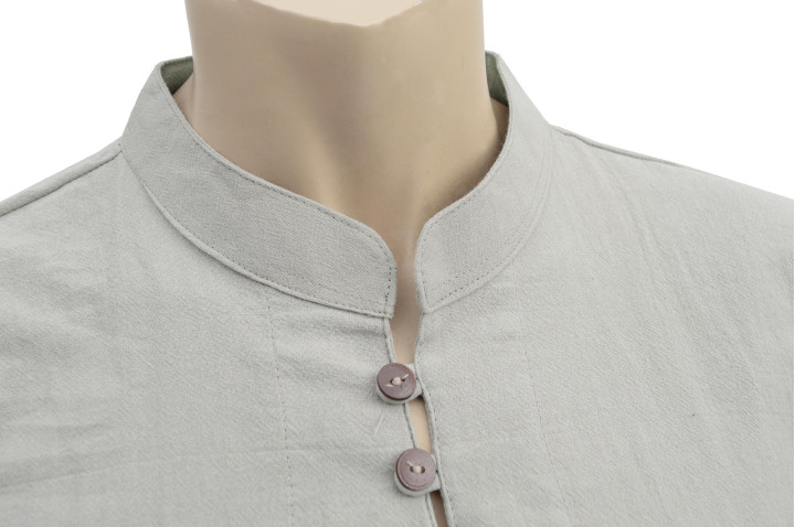 Vestido Chang Quan Colarinho mao à botões, 100% Algodão, Cinza-caqui