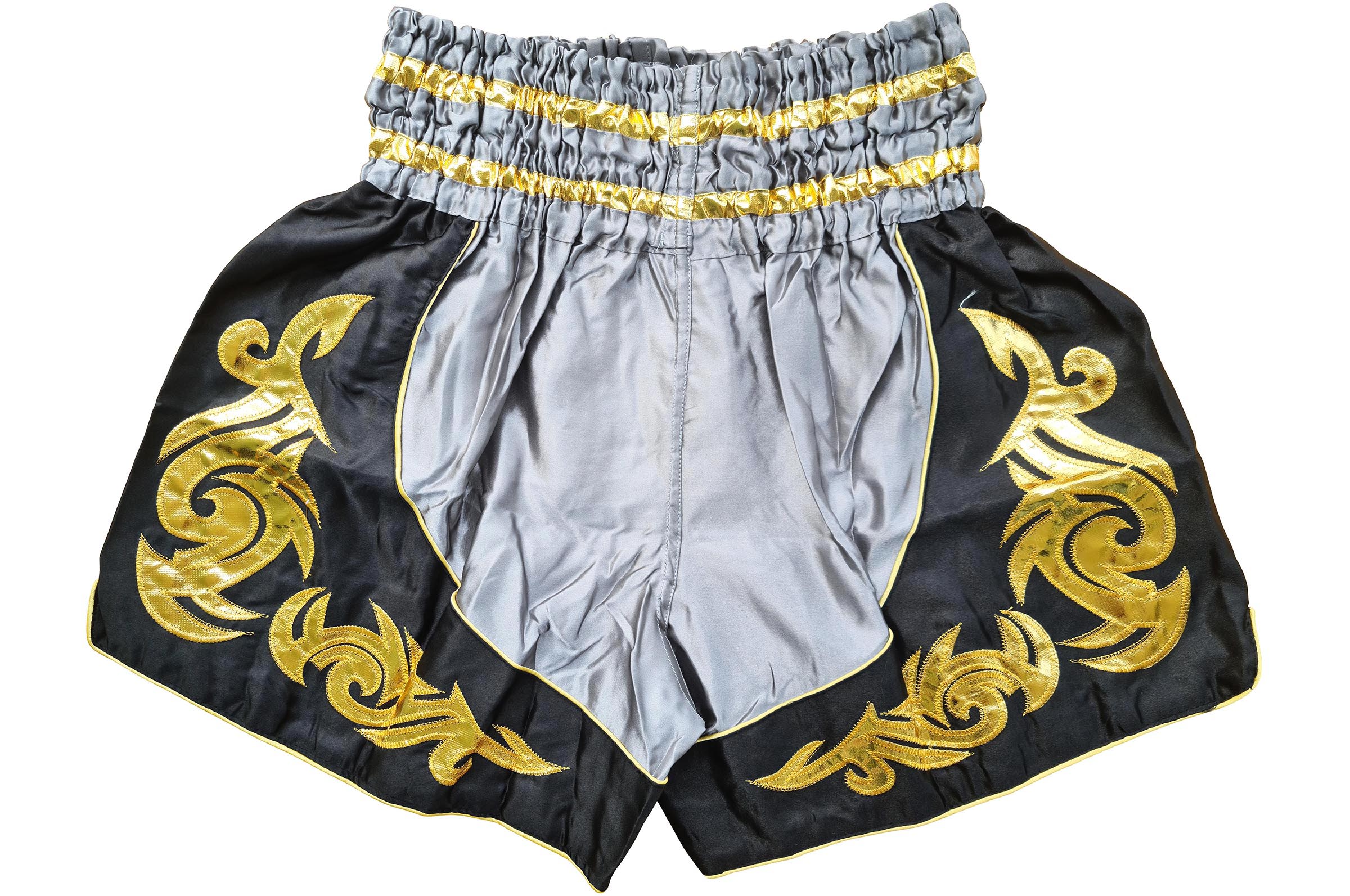 Muay Thai Boxing Shorts for Adult White and Black Side With Gold Thai  Pattern Stripes 