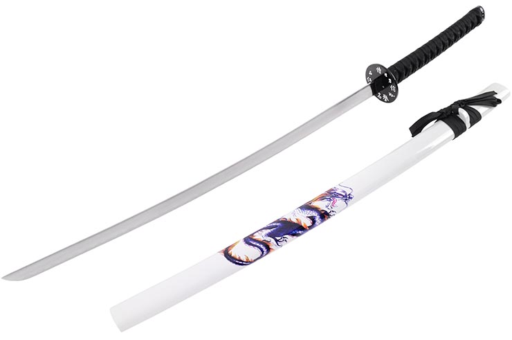 Katana Iaito with Dragon, White with black handle