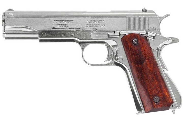 Pistola em Aço, Coronha em Madeira - Réplica M1911