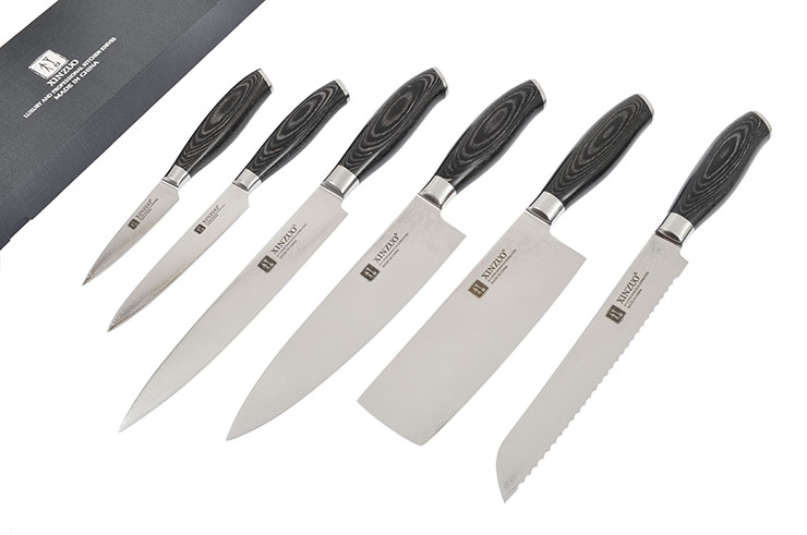 Set of 6 Kitchen Knives, Upper range - Damascus steel