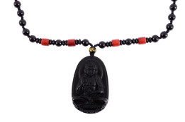 Obsidian Necklace, Bouddha Engraving - 8 mm Pearls
