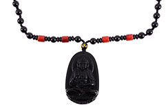 Obsidian Necklace, Bouddha Engraving - 8 mm Pearls