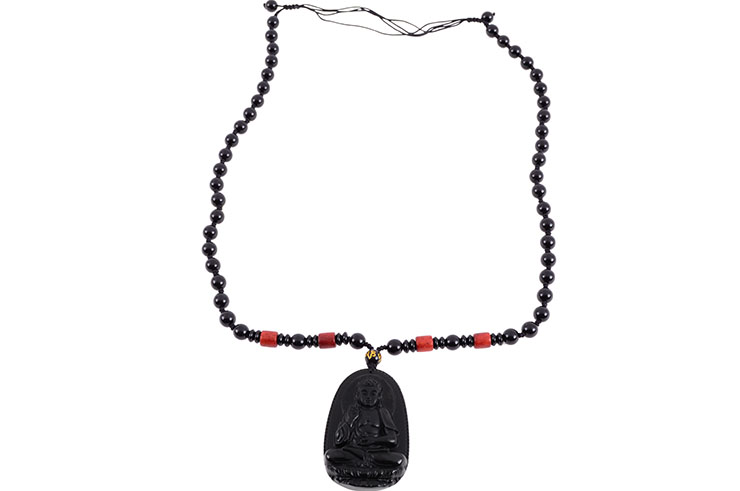 Collier Obsidienne, Gravure Bouddha - Perles 8 mm