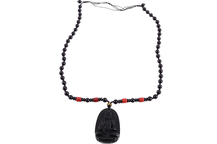 Obsidian Necklace, Bouddha Engraving - 8 mm Pearls