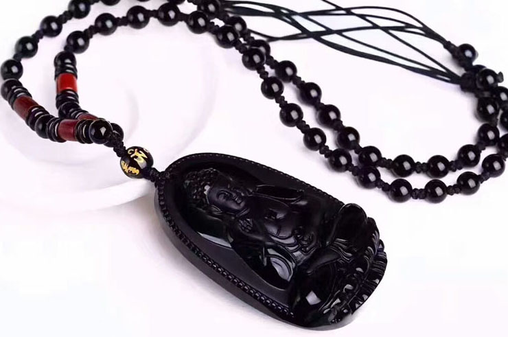 Collier Obsidienne, Gravure Bouddha - Perles 8 mm