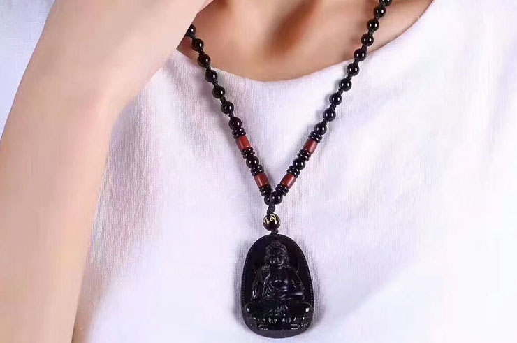 Obsidian Necklace, Bouddha Engraving - 8 mm Pearls