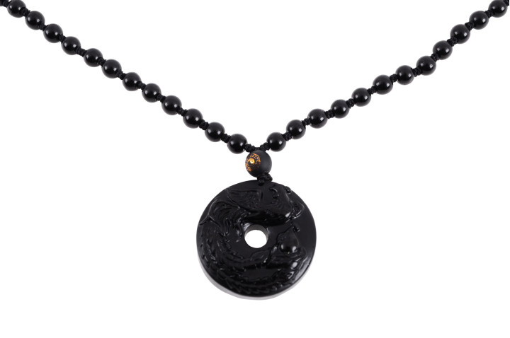 Colar Tore Obsidiana, Gravação Fénix - Pérolas 6 mm