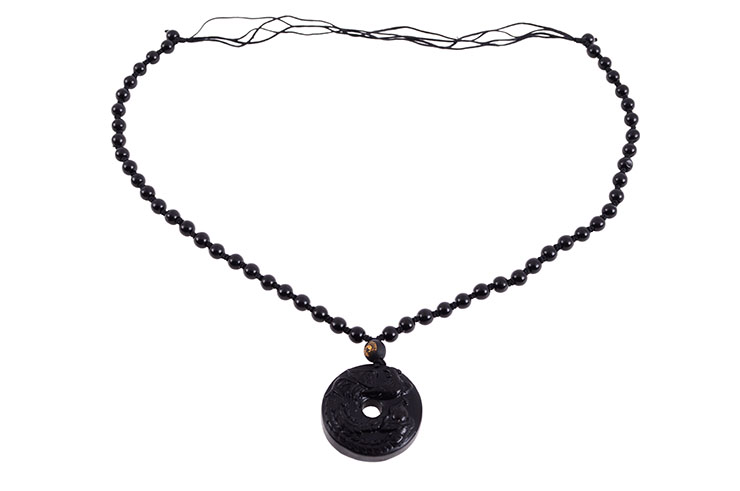 Collier Tore Obsidienne, Gravure Phoenix - Perles 6 mm
