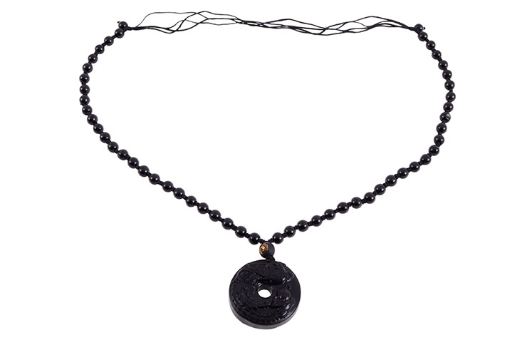 Obsidian Torus Necklace, Phoenix Engraving - 6 mm Pearls