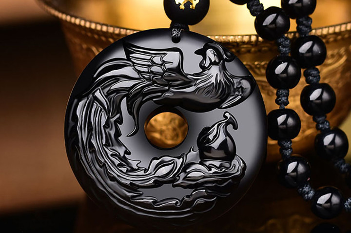 Colar Tore Obsidiana, Gravação Fénix - Pérolas 6 mm