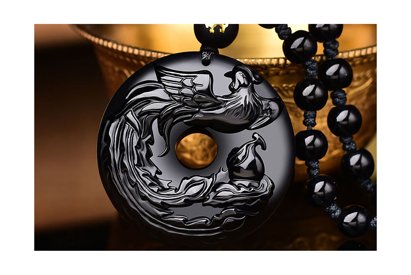 Obsidian Torus Necklace, Phoenix Engraving - 6 mm Pearls