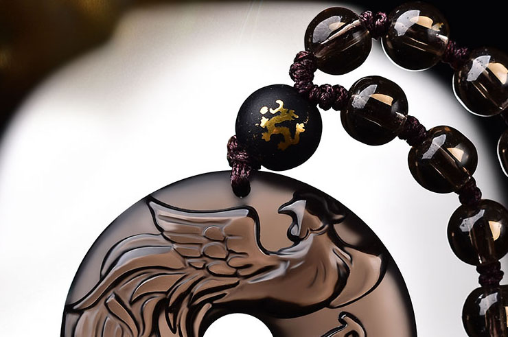 Obsidian Torus Necklace, Phoenix Engraving - 6 mm Pearls