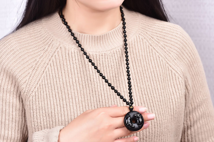 Obsidian Torus Necklace, Phoenix Engraving - 6 mm Pearls