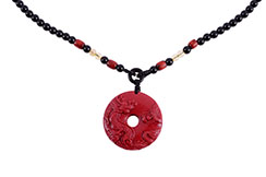Cinnabar Torus Necklace, Dragon Engraving - 5 mm Pearls