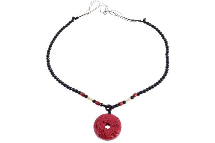 Cinnabar Torus Necklace, Dragon Engraving - 5 mm Pearls