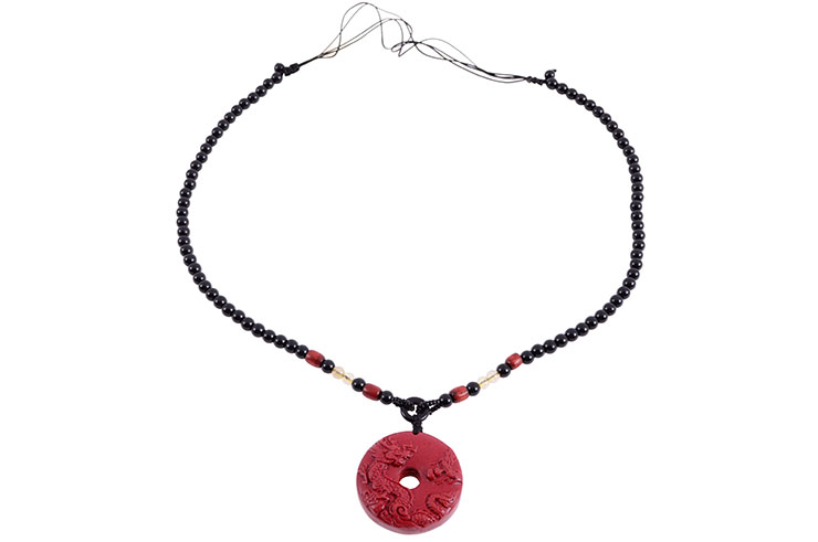 Cinnabar Torus Necklace, Dragon Engraving - 5 mm Pearls