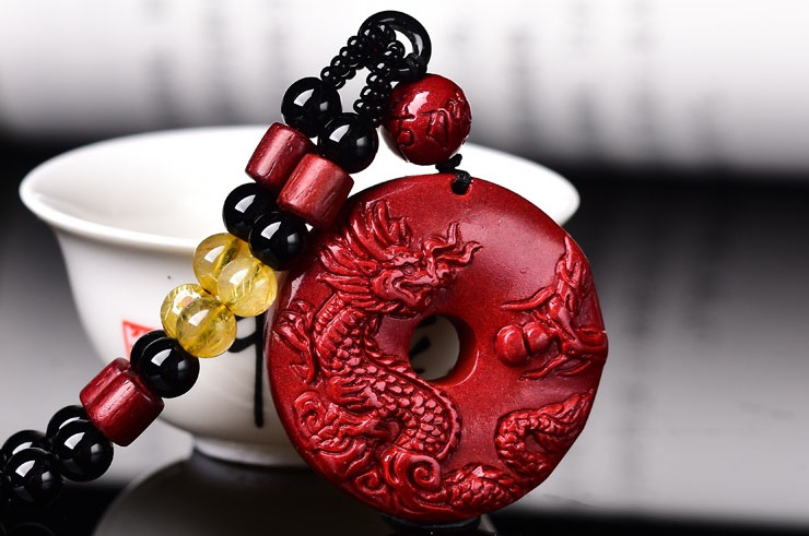 Cinnabar Torus Necklace, Dragon Engraving - 5 mm Pearls