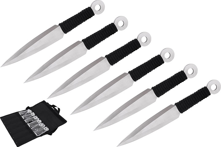 Kunai em aço inoxidável, cromado e trançado preto - Conjunto de 6 (20 cm)