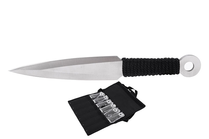 Kunai em aço inoxidável, cromado e trançado preto - Conjunto de 6 (20 cm)