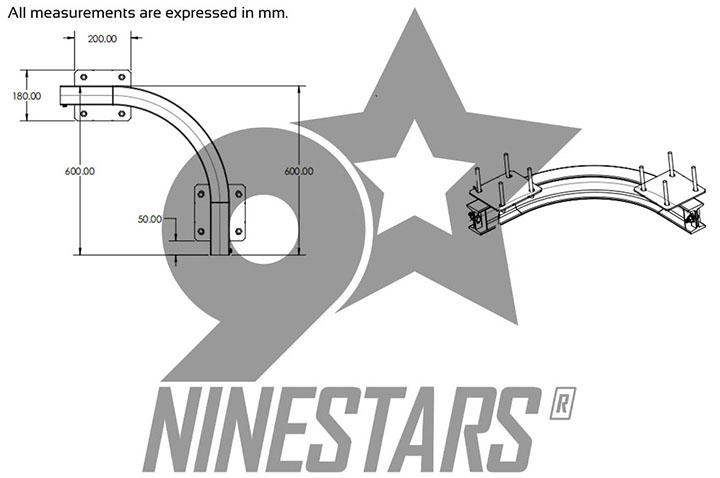 Riel curvado de 90° con placa de techo integrada | NineStars®