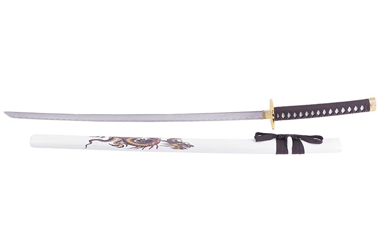 Katana Iaito Dragon Doré, Blanc & Tressage Brun