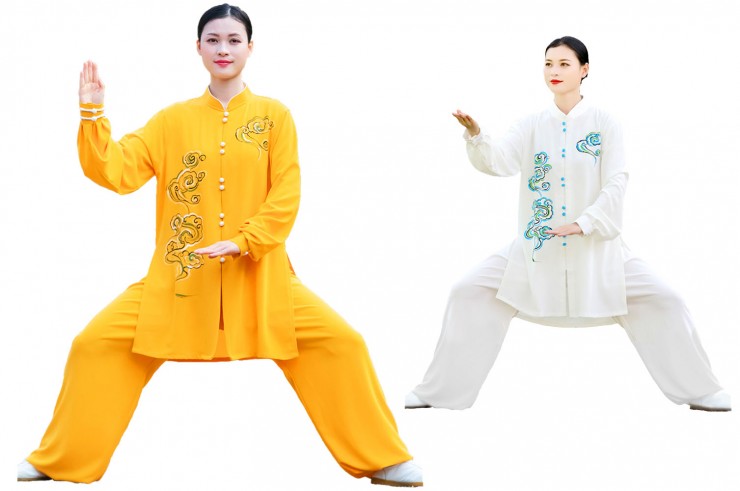 Taiji Uniform, Wide Frogs, Imitation Silk, Silver & White