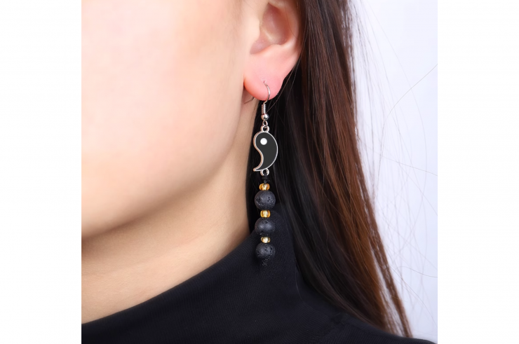 Brincos Duo Yin-Yang, pedra lava e estilo Mabre