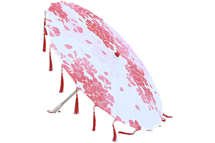 Parasol primaveral con cintas rojas, Flor de Hibiscus