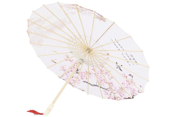Print Umbrella with Ribbons, White Fox