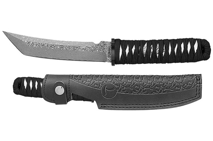 Tanto Blade Knife, Black Braid - Damascus Steel, Tokisu
