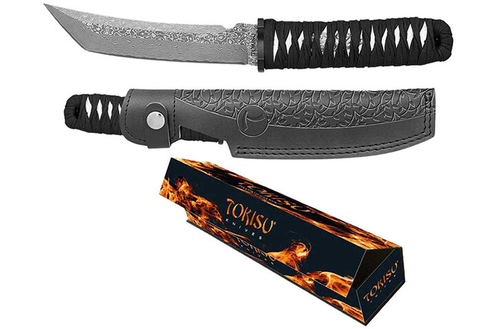 Cuchillo Hoja Tanto, Trenzado Negro - Acero Damasco, Tokisu