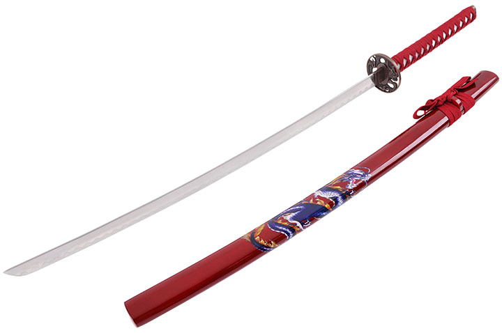Katana Iaito with Dragon, Red & red handle